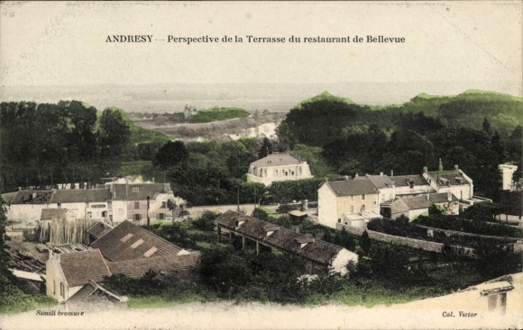 Ak Andrésy Yvelines, Perspektive der Terrasse des Restaurants Bellevue, Landschaft mit Gebäuden