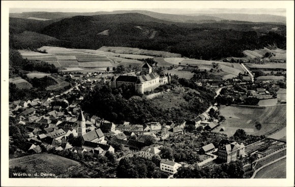 Ak Wörth an der Donau Oberpfalz Bayern, Luftaufnahme, Kloster, Häuser, Fluss, Landschaft