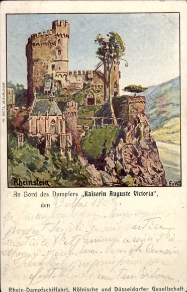 Artist Postcard Trechtingshausen am Rhein, Rheinstein Castle