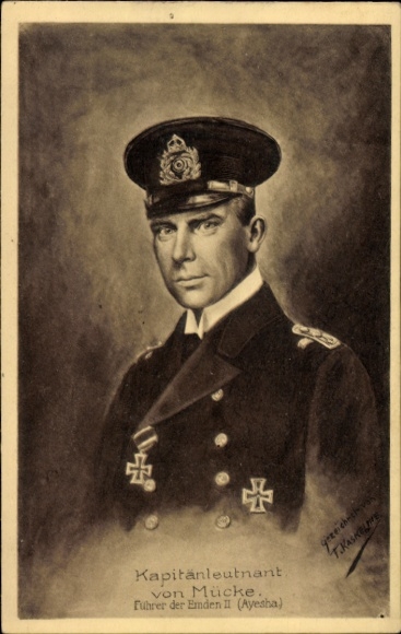 Artist Postcard Kaskeline F., Lieutenant Commander Hellmuth von Mücke, SMS Emden