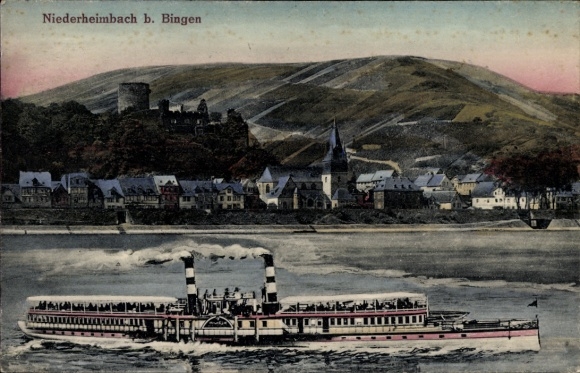 Postcard Niederheimbach am Rhein, steamship on the Rhine, landscape with mountain, houses, clouds