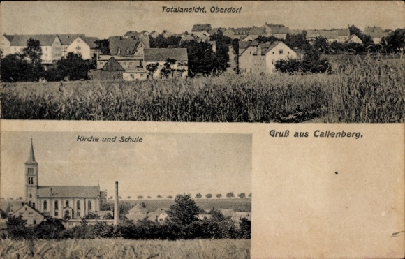 Postcard Callenberg in Saxony, total view, upper village, church and school