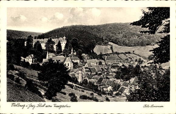 Postcard Stolberg in the Harz Mountains, view from the Tissgarten, castle in the background, photo Limonsen