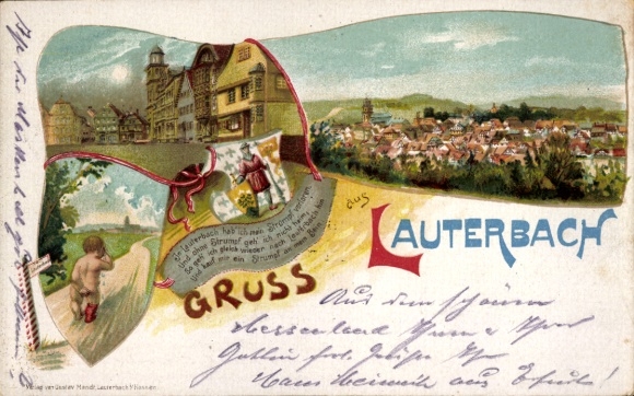 Chromo-Litho Lauterbach an der Lauter Vogelsbergkreis, stocking lost, crying child, panorama