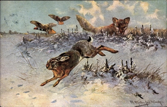 Artist PC Müller, M., fox chasing a rabbit