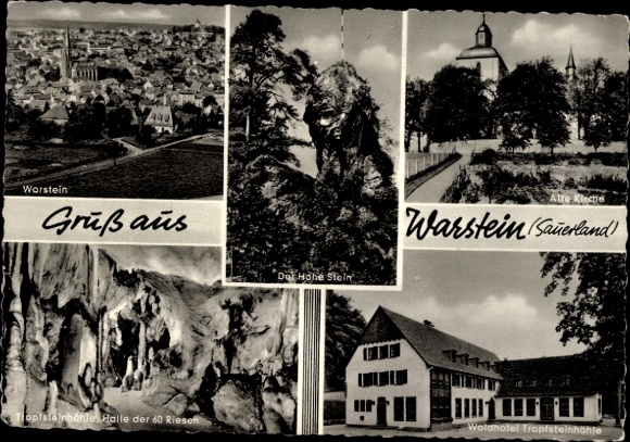 Postcard Warstein in Sauerland Westphalia, Panorama, Waldhotel stalactite cave, Old Church, The Hohe Stein