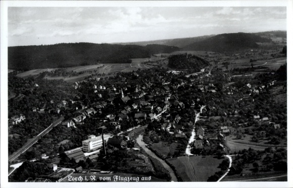 Postcard Lorch in Rheingau Hesse, aerial view of river and hill,