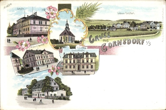Litho Gornsdorf im Erzgebirge, Schule, Kirche, Centralhalle, Restaurant