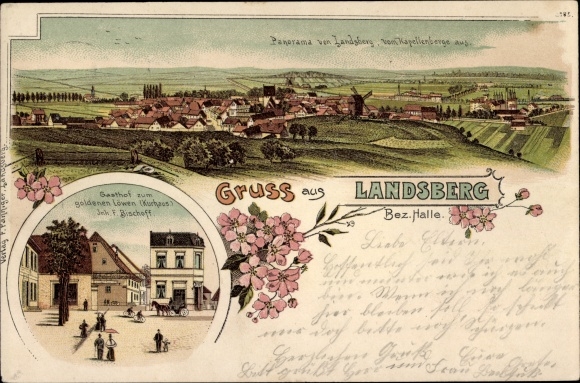 Chromo-Litho Landsberg in the Saalekreis, Gasthof zum goldenen Löwen, Kurhaus v. F. Bischoff, Panorama
