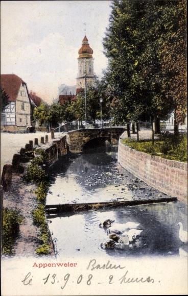 Postcard Appenweier Ortenaukreis, river section with partial view of the city, bridge, church
