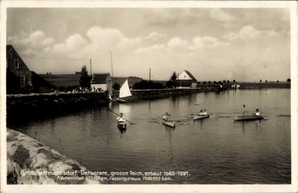 Postcard Großhartmannsdorf in Central Saxony, The lower, large pond, canoeing