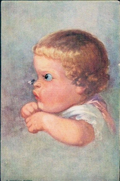 Fabric Postcard child with a fly on his nose, plastic eyes