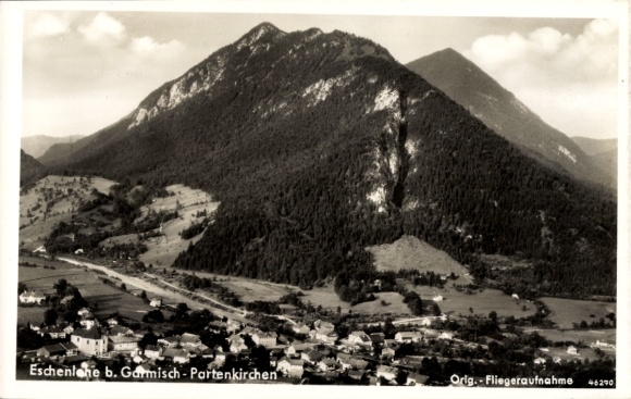 Postcard Eschenlohe in Upper Bavaria, mountain landscape, Garmisch-Partenkirchen, black and white