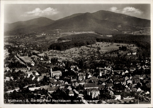 Postcard Müllheim in Baden Markgräflerland, aerial view of Müllheim, Hochblauen in the background, Arch