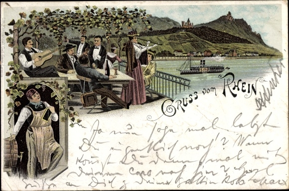 Chromo-Litho greetings from the Rhine, inn, saloon steamer