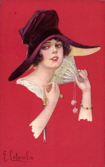 Artist Postcard Colombo, E., Woman with fan, hat, portrait