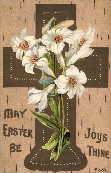 Embossed Artist Chromo-Litho Congratulations Easter, cross, white lilies