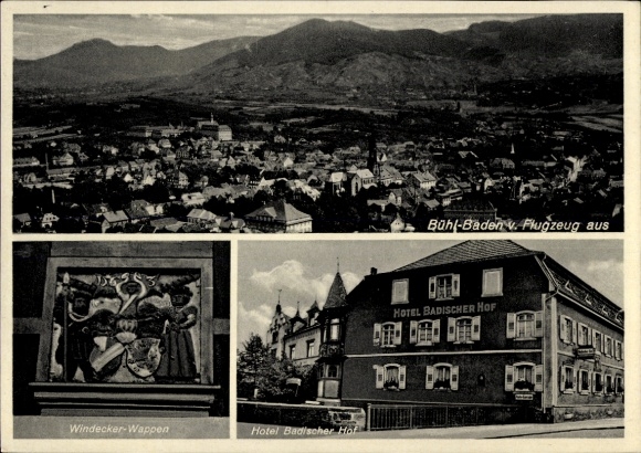 Postcard Bühl in Baden Black Forest, aerial photograph, Hotel Badischer Hof