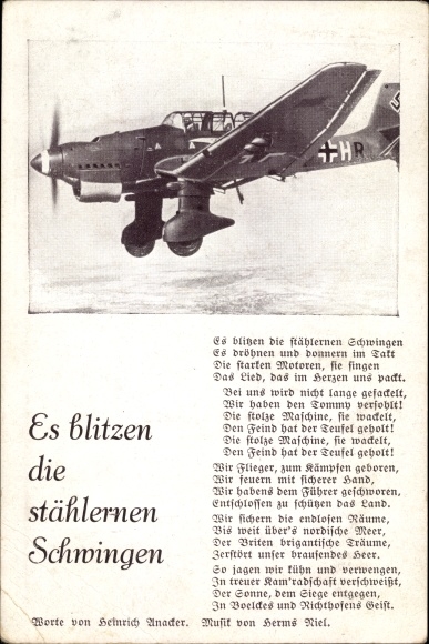 Song Postcard The steel wings flash, H. Anacker, Herms Niel, Junkers Ju 87 B fighter plane
