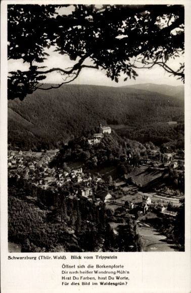 Postcard Schwarzburg in Thuringia, Schwarzburg, view from the Trippstein, natural landscape, solemn st...