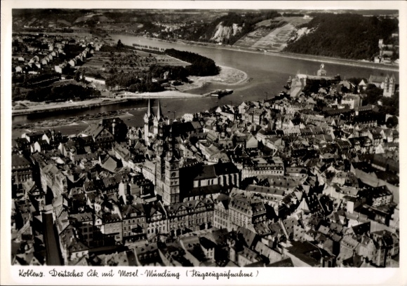 Ak Koblenz am Rhein, Fliegeraufnahme, Deutsches Eck, Moselmündung