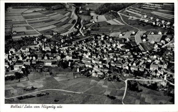 Postcard Wallau Biedenkopf an der Lahn, aerial view of Wallau, houses, fields, orchards