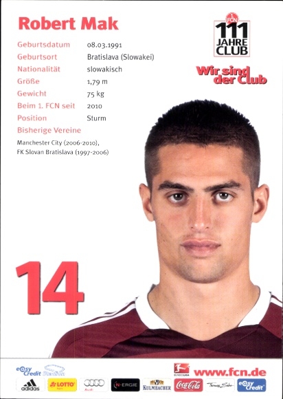 Autograph card footballer Robert Mak, 1. FC Nuremberg, autograph
