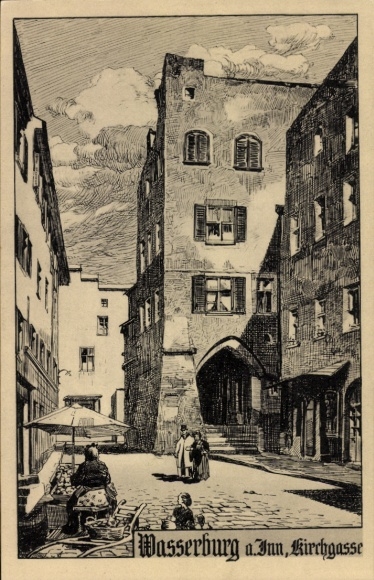 Artist Postcard Wasserburg am Inn in Upper Bavaria, house, courtyard, sales stand