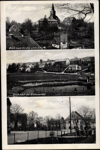 Postcard Dresden Schönfeld Weißig Eschdorf, church, school, crocus meadow, market