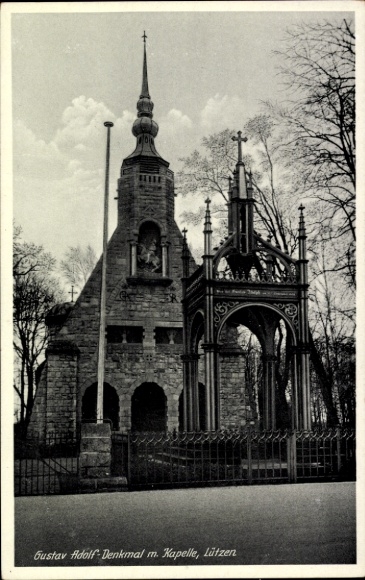 Ak Lützen im Burgenlandkreis, Gustav Adolf Denkmal, Kapelle, Natur, Wolken, Zaun