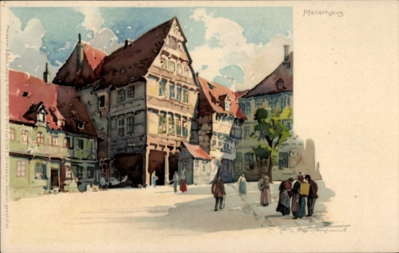 Kunstenaar litho Hammel, Otto, Hildesheim in Nedersaksen, markt met zicht op het pijlerhuis