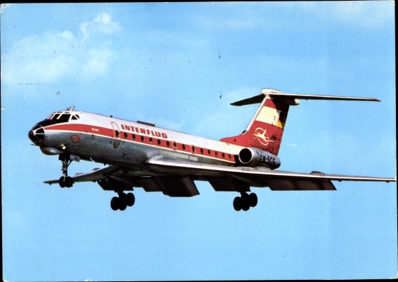 Postcard German passenger aircraft, Tupolev TU-134, Interflug, turbine jet airliner