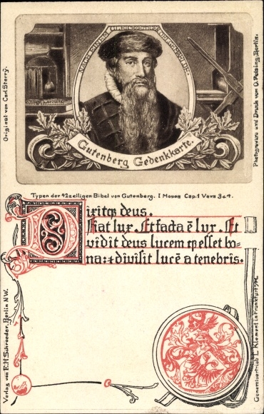 Ak Johannes Gutenberg, Typen der Bibel von Gutenberg, I. Moses Cap. 1 Vers 3 u. 4