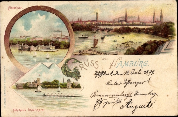 litho Hamburg Mitte Altstadt, Alsterlust, Fährhaus Uhlenhorst, Alster, Panorama