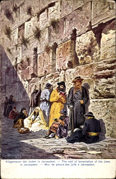 Judaica artist Postcard Perlberg, F., Jerusalem Israel, Jews at the Wailing Wall