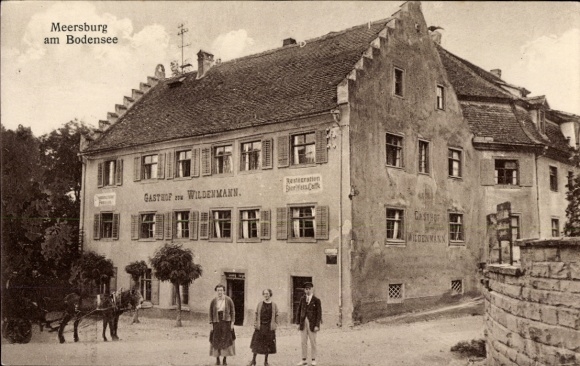 Postcard Meersburg on Lake Constance, Gasthof zum Wildenmann, residents, donkey cart