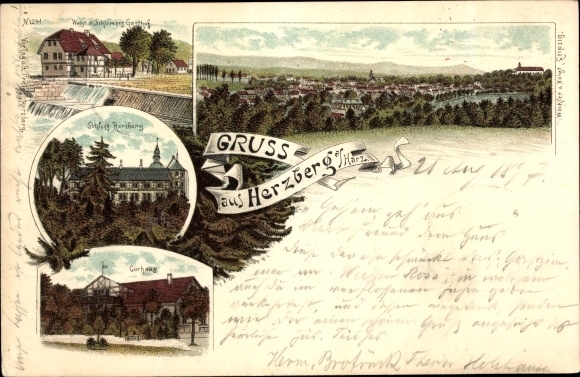 litho Herzberg am Harz, hotel wit paard, herberg, kasteel, kuurhuis, totaaloverzicht