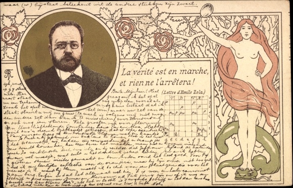 Art Nouveau litho writer Emile Zola, Dreyfus Affair, naked woman, snake