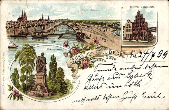 Chromo-Litho Hanseatic City of Lübeck, general view, Geibel Memorial, Schiffer-Gesellschaft