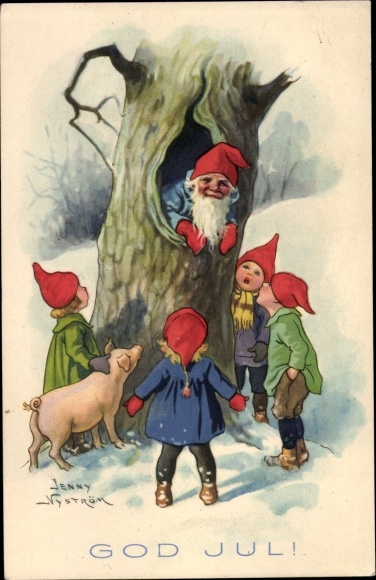 Artist PC Nyström, J., Happy Christmas, gnomes, pig, tree