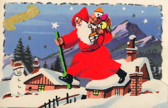 Glitzer Ak Frohe Weihnachten, Weihnachtsmann mit Geschenken, Schneemann