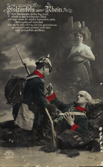 Postcard Stolzenfest am Rhein, Injured Soldier, Soldier's Love