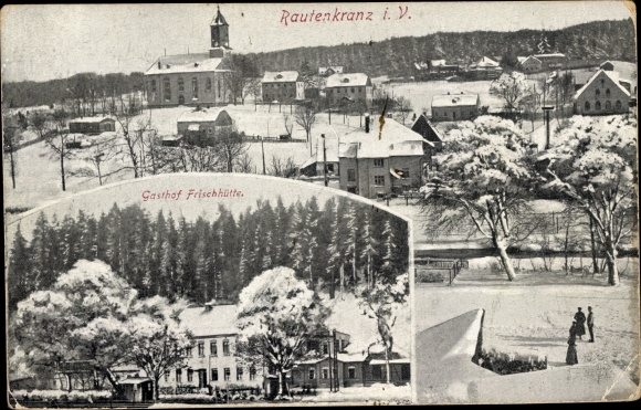 Ak Morgenröthe Rautenkranz Muldenhammer in Vogtland, plaats in de winter, Gasthof Frischhütte