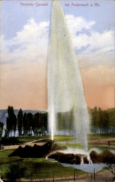 Postcard Namedy Andernach am Rhein, Namedy-Sprudel, geyser, park landscape, row of trees, sky