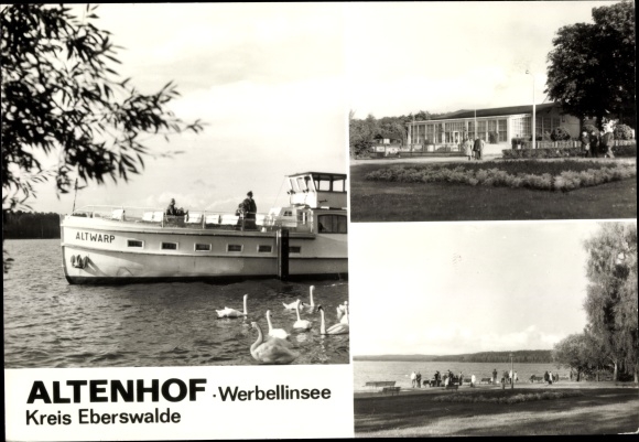 Postcard Altenhof Schorfheide am Werbellinsee, steamer Altwarp at the pier, restaurant