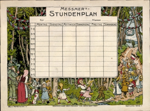 Timetable advertising Messmer Tee, children in the forest, artist Hans Richard v. Volkman 1906