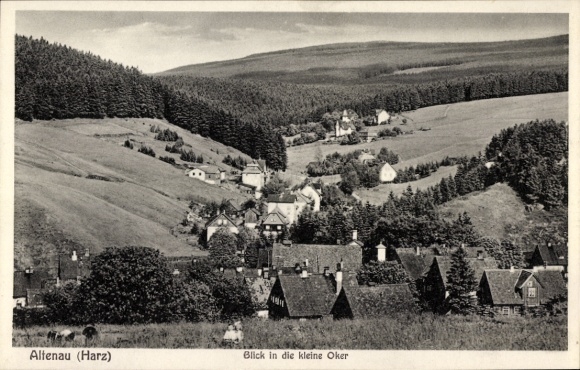 Postcard Altenau Clausthal Zellerfeld in the Upper Harz, landscape, trees, houses, Oker, mountains