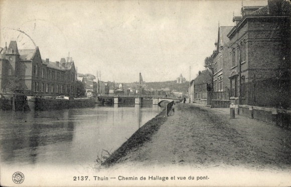 Postcard Thuin Wallonia Hainaut, river, bridge, building, Chemin de Hallage,
