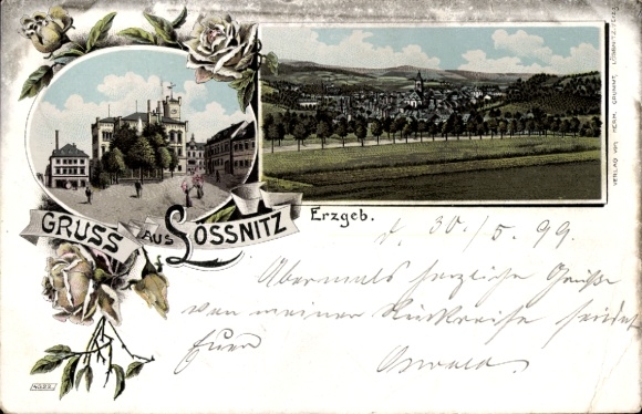 Chromo-Litho Lößnitz Lössnitz in the Ore Mountains, rose, view of the village