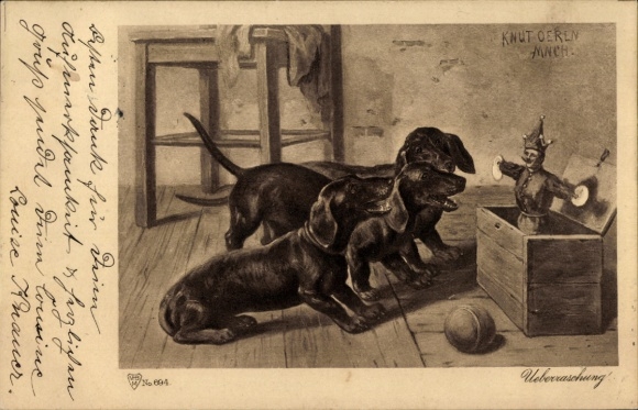 Artist Postcard Oeren, K., Dachshund barking at a toy
